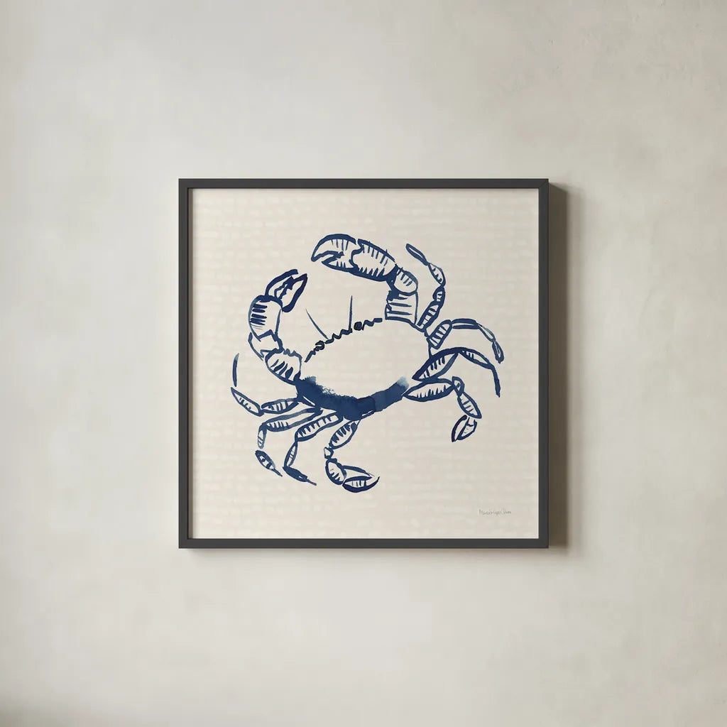 Coastal Crabs II by Mercedes Lopez Charro. Shown in a sleek black glass frame for a contemporary gallery look. Available as an archival giclee rolled canvas, fine art paper, or poster print. SKU 86320a.