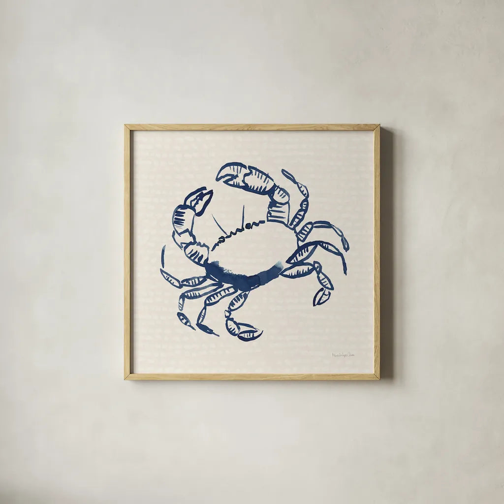Coastal Crabs II by Mercedes Lopez Charro. Shown in a natural wood glass frame for a timeless modern aesthetic. Available as an archival giclee rolled canvas, fine art paper, or poster print. SKU 86320a.