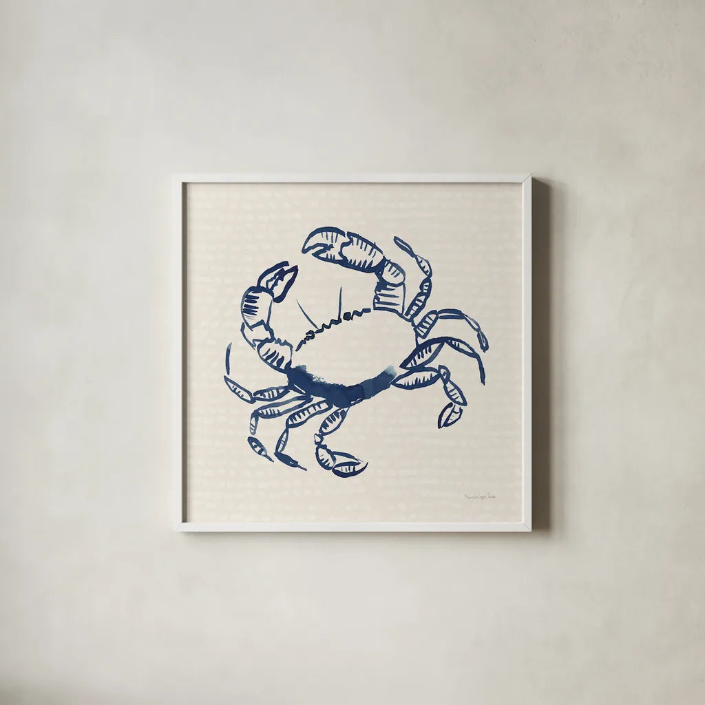 Coastal Crabs II by Mercedes Lopez Charro. Shown in a crisp white glass frame for a clean and minimalist style. Available as an archival giclee rolled canvas, fine art paper, or poster print. SKU 86320a.