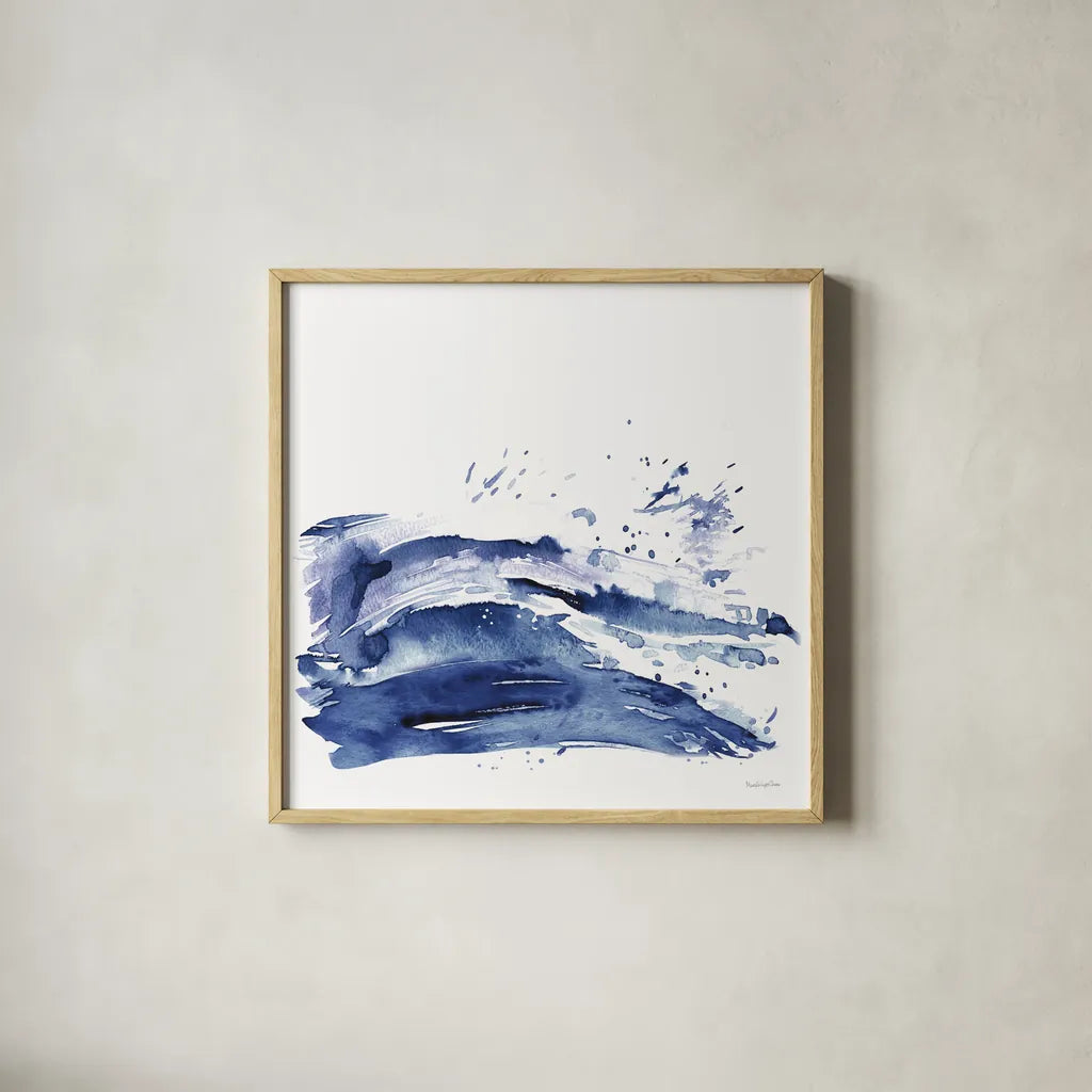 Coastal Splash I by Mercedes Lopez Charro. Shown in a natural wood glass frame for a timeless modern aesthetic. Available as an archival giclee rolled canvas, fine art paper, or poster print. SKU 64830a.