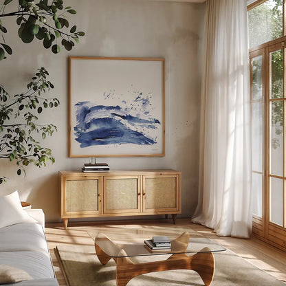 Coastal Splash I by Mercedes Lopez Charro. Shown in a natural wood frame in a cozy modern living room. Available as an archival giclee rolled canvas, fine art paper, or poster print. SKU 64830a.