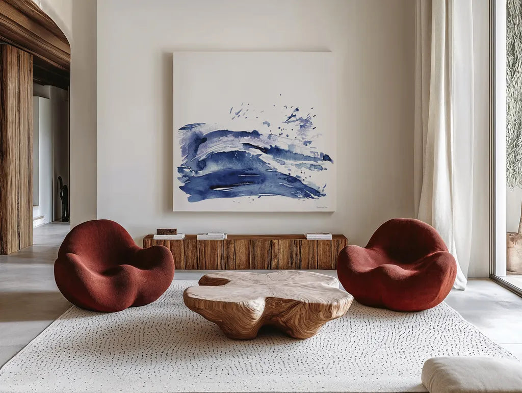 Coastal Splash I by Mercedes Lopez Charro. Shown as extra-large giant wall art in a modern living room. Available as an archival giclee rolled canvas, fine art paper, or poster print. SKU 64830a.