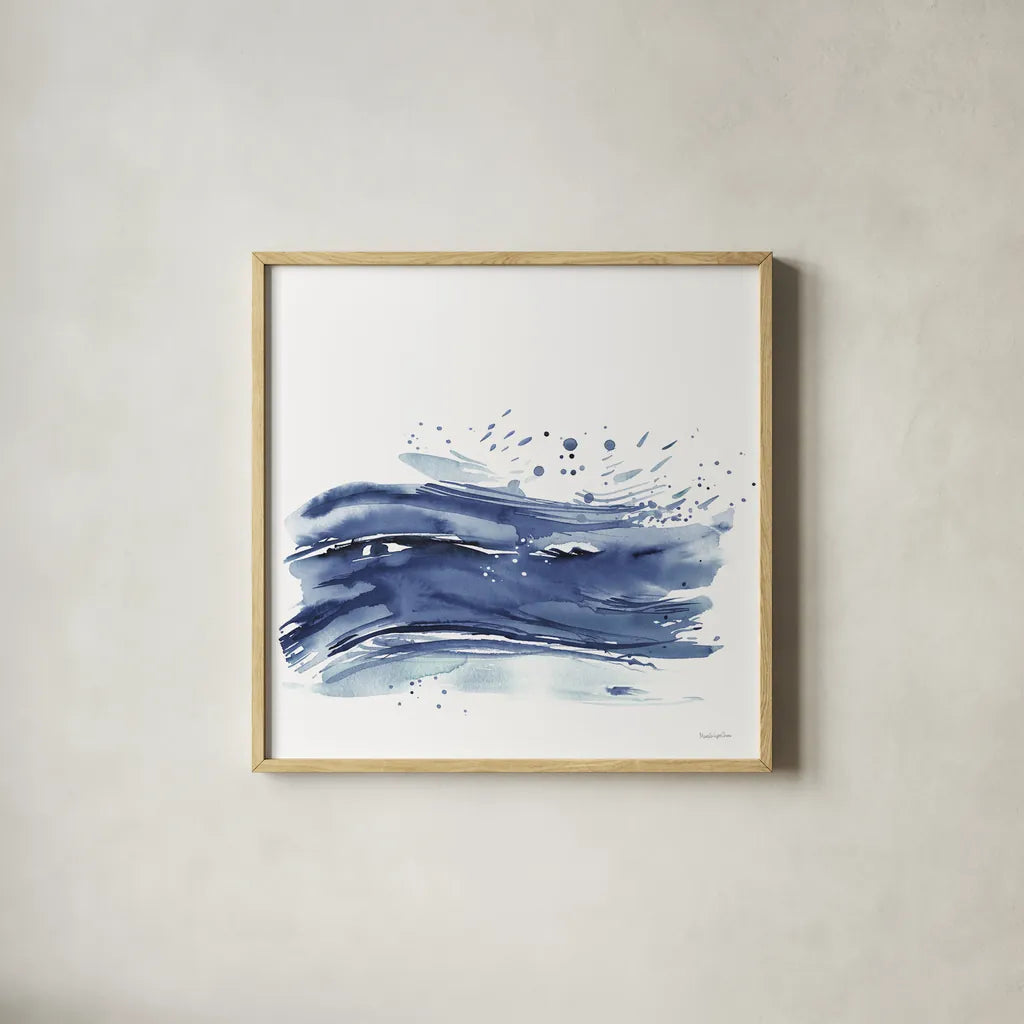 Coastal Splash II by Mercedes Lopez Charro. Shown in a natural wood glass frame for a timeless modern aesthetic. Available as an archival giclee rolled canvas, fine art paper, or poster print. SKU 64831a.