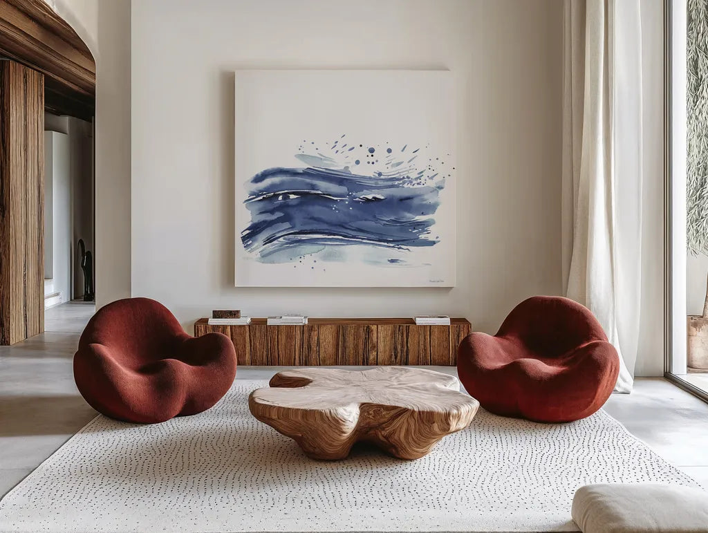Coastal Splash II by Mercedes Lopez Charro. Shown as extra-large giant wall art in a modern living room. Available as an archival giclee rolled canvas, fine art paper, or poster print. SKU 64831a.
