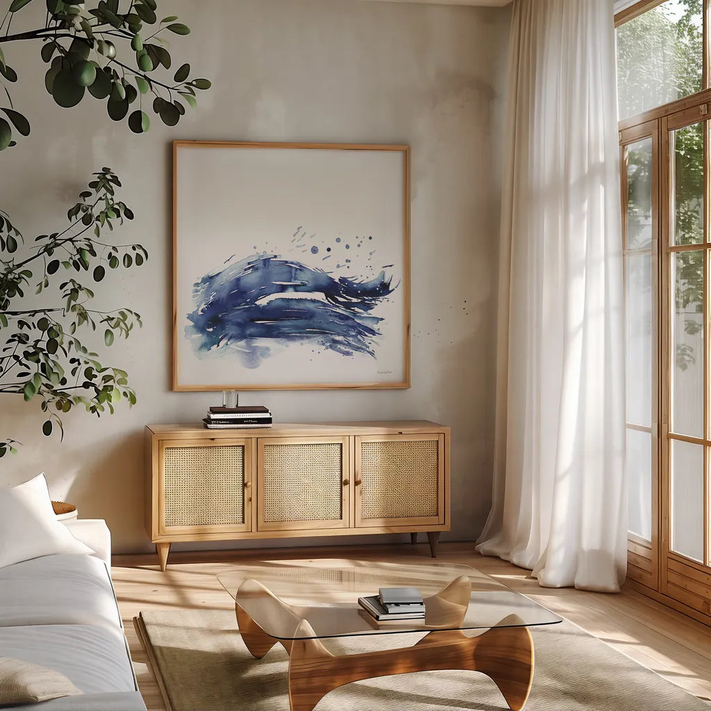 Coastal Splash III by Mercedes Lopez Charro. Shown in a natural wood frame in a cozy modern living room. Available as an archival giclee rolled canvas, fine art paper, or poster print. SKU 64832a.