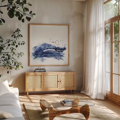 Coastal Splash III by Mercedes Lopez Charro. Shown in a natural wood frame in a cozy modern living room. Available as an archival giclee rolled canvas, fine art paper, or poster print. SKU 64832a.