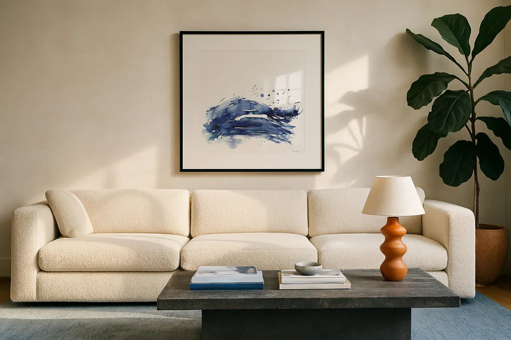 Coastal Splash III by Mercedes Lopez Charro. Displayed in a glass frame with matte in a clean modern living room. Available as an archival giclee rolled canvas, fine art paper, or poster print. SKU 64832a.