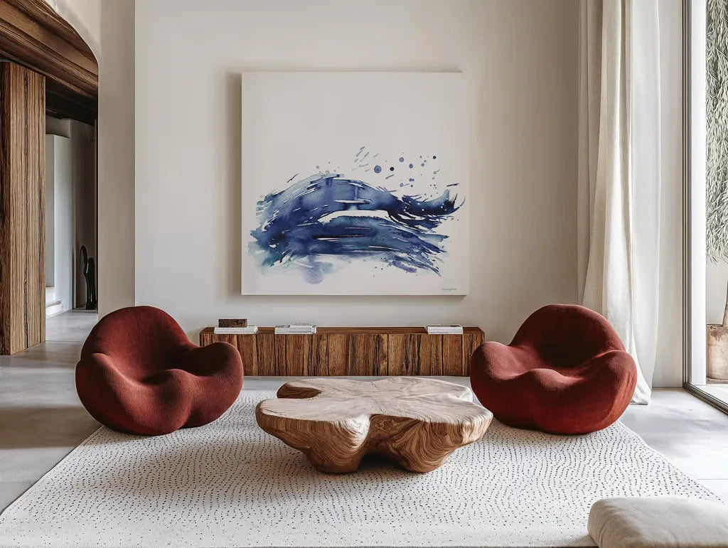 Coastal Splash III by Mercedes Lopez Charro. Shown as extra-large giant wall art in a modern living room. Available as an archival giclee rolled canvas, fine art paper, or poster print. SKU 64832a.