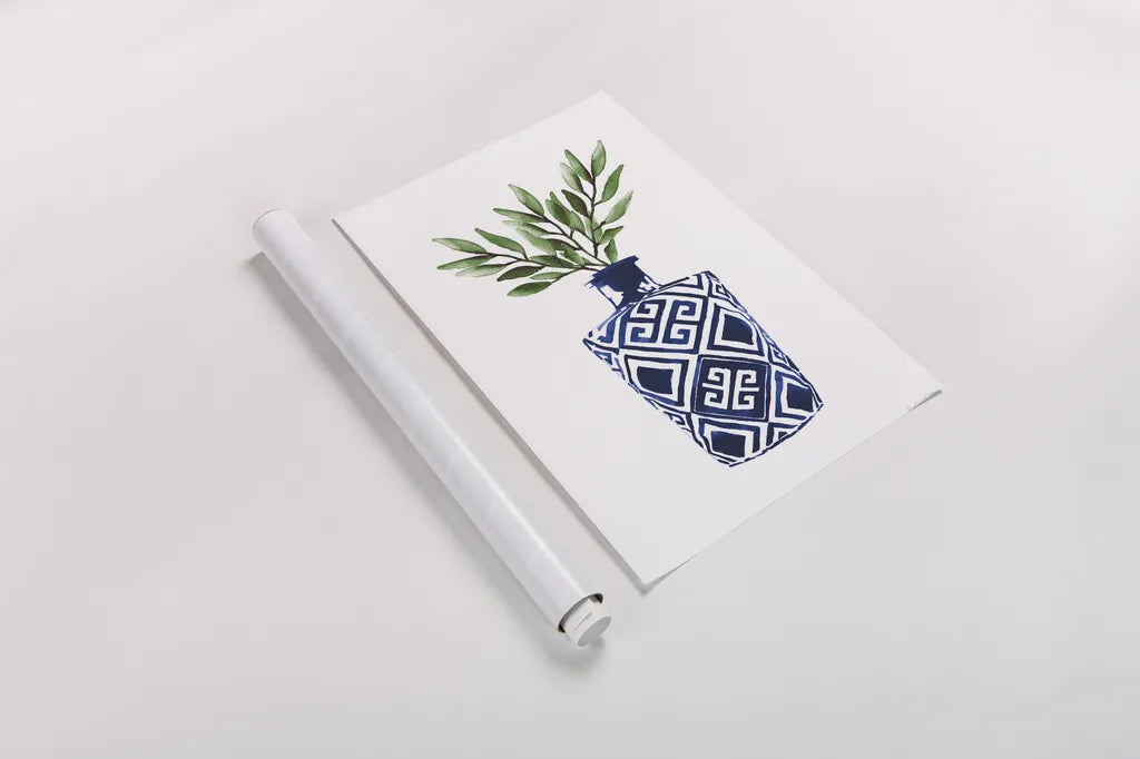 Cobalt Geometric Vases III by Mercedes Lopez Charro. shown as a rolled paper print. Available as archival giclee rolled canvas, fine art paper, or poster print. SKU 67374h.