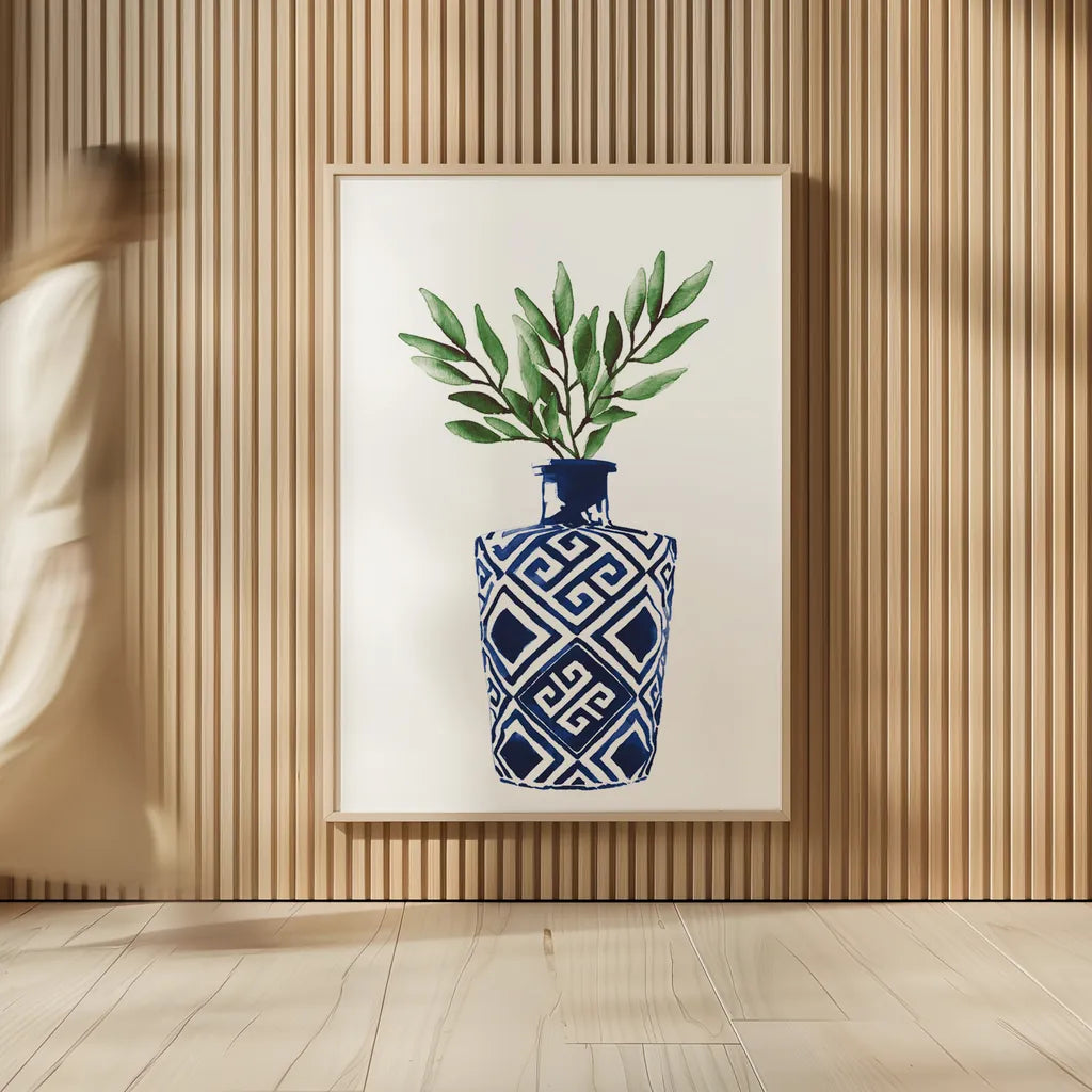 Cobalt Geometric Vases III by Mercedes Lopez Charro. shown as over sized large wall art. Available as an archival giclee rolled canvas, fine art paper, or poster print. SKU 67374h.