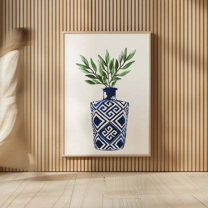 Cobalt Geometric Vases III by Mercedes Lopez Charro. shown as over sized large wall art. Available as an archival giclee rolled canvas, fine art paper, or poster print. SKU 67374h.