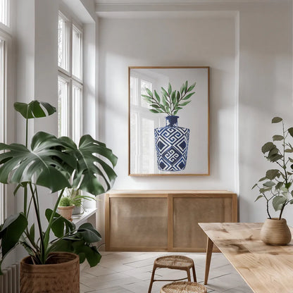 Cobalt Geometric Vases III by Mercedes Lopez Charro. shown as a print in a natural wood frame in a dining room. Available as a archival giclee rolled canvas, fine art paper, or poster print. SKU 67374h.