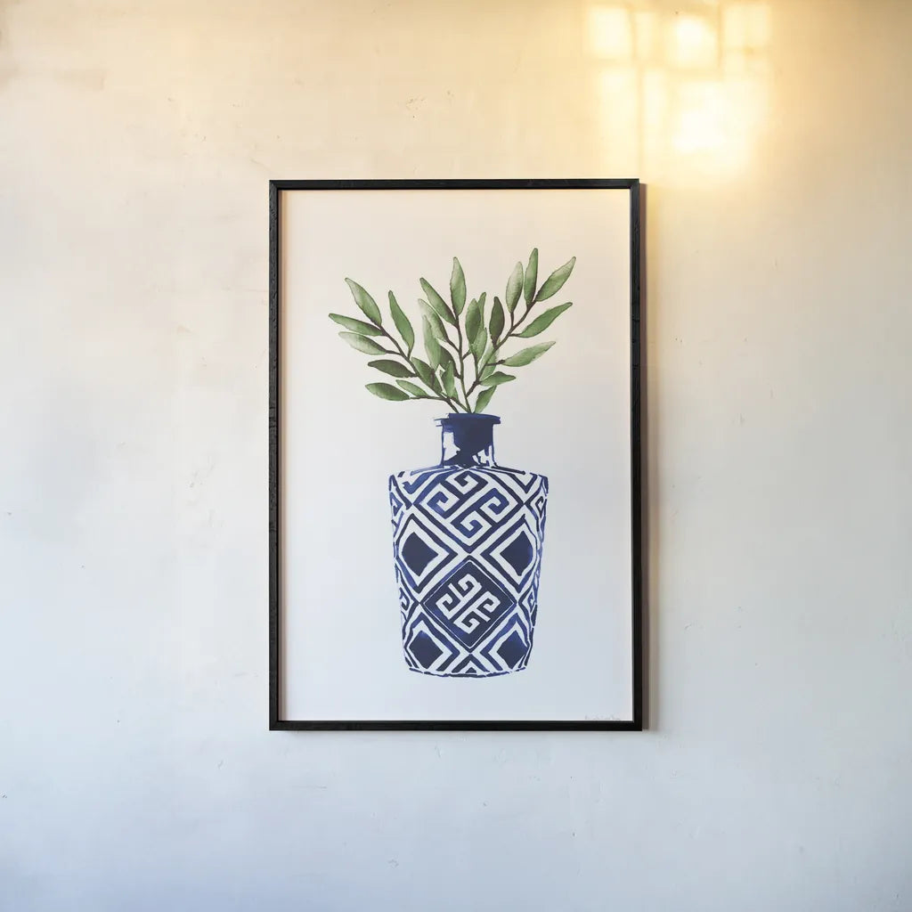 Cobalt Geometric Vases III by Mercedes Lopez Charro. shown as a paper print in a black flame. Available as a archival giclee rolled canvas, fine art paper, or poster print. SKU 67374h.