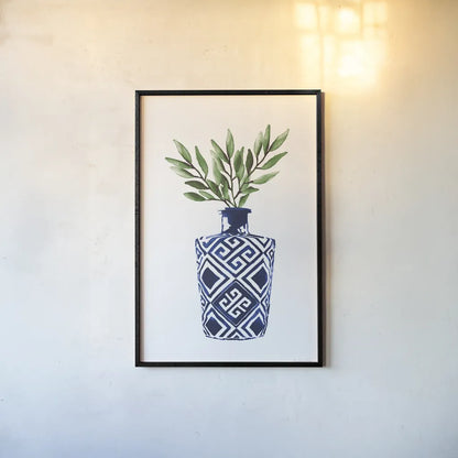 Cobalt Geometric Vases III by Mercedes Lopez Charro. shown as a paper print in a black flame. Available as a archival giclee rolled canvas, fine art paper, or poster print. SKU 67374h.