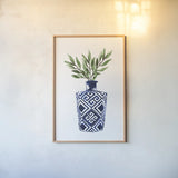 Cobalt Geometric Vases III by Mercedes Lopez Charro. shown as a paper print in a natural frame. Available as a archival giclee rolled canvas, fine art paper, or poster print. SKU 67374h.