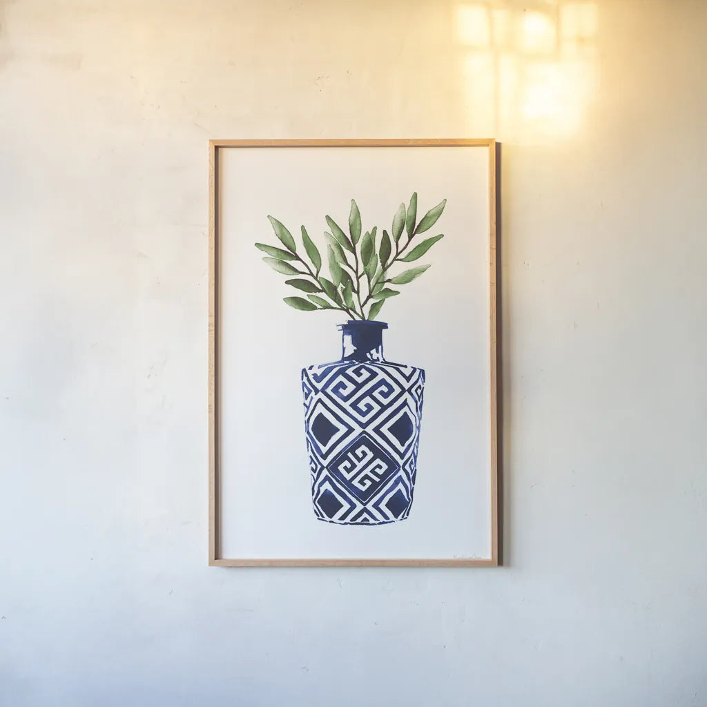 Cobalt Geometric Vases III by Mercedes Lopez Charro. shown as a paper print in a natural frame. Available as a archival giclee rolled canvas, fine art paper, or poster print. SKU 67374h.