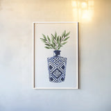 Cobalt Geometric Vases III by Mercedes Lopez Charro. shown as a paper print in a white frame. Available as a archival giclee rolled canvas, fine art paper, or poster print. SKU 67374h.