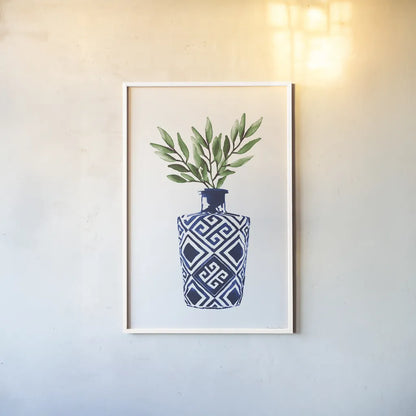 Cobalt Geometric Vases III by Mercedes Lopez Charro. shown as a paper print in a white frame. Available as a archival giclee rolled canvas, fine art paper, or poster print. SKU 67374h.