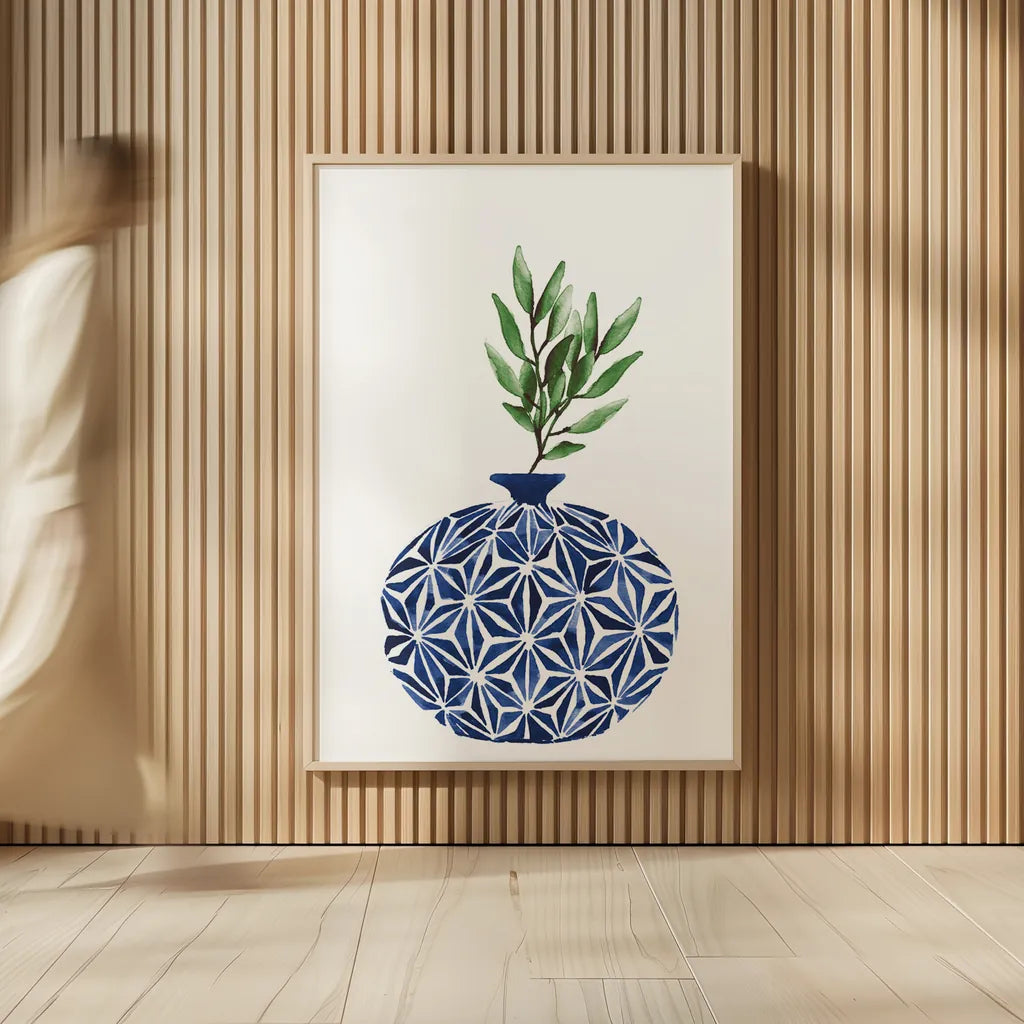 Cobalt Geometric Vases IV by Mercedes Lopez Charro. shown as over sized large wall art. Available as an archival giclee rolled canvas, fine art paper, or poster print. SKU 67375h.