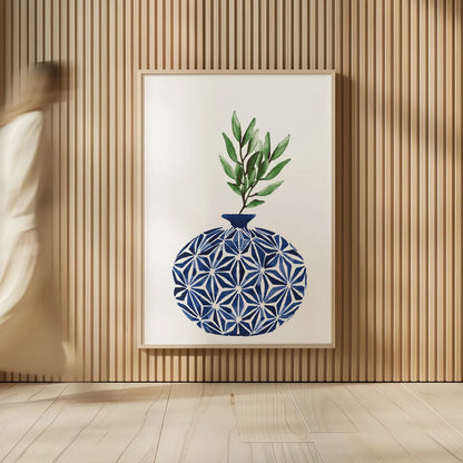 Cobalt Geometric Vases IV by Mercedes Lopez Charro. shown as over sized large wall art. Available as an archival giclee rolled canvas, fine art paper, or poster print. SKU 67375h.