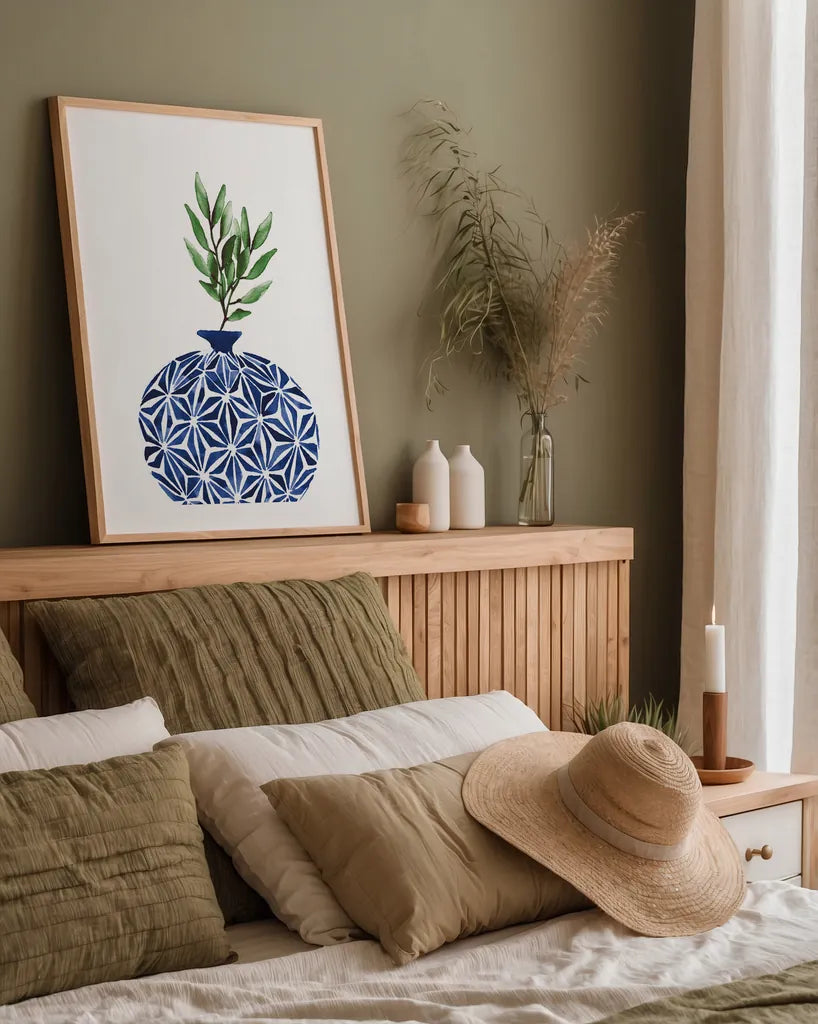 Cobalt Geometric Vases IV by Mercedes Lopez Charro. shown as a paper print in a natural frame. Available as a archival giclee rolled canvas, fine art paper, or poster print. SKU 67375h.