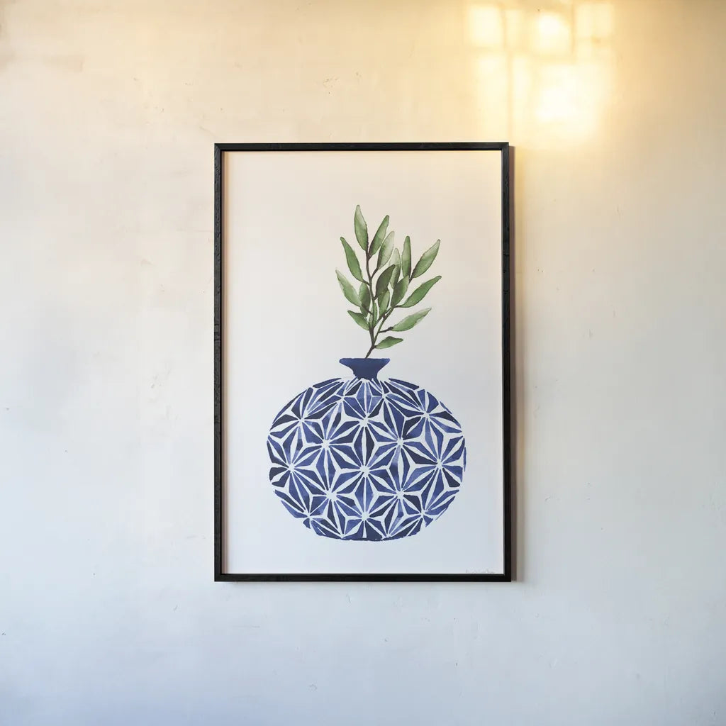 Cobalt Geometric Vases IV by Mercedes Lopez Charro. shown as a paper print in a black flame. Available as a archival giclee rolled canvas, fine art paper, or poster print. SKU 67375h.