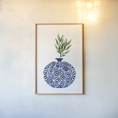 Cobalt Geometric Vases IV by Mercedes Lopez Charro. shown as a paper print in a natural frame. Available as a archival giclee rolled canvas, fine art paper, or poster print. SKU 67375h.