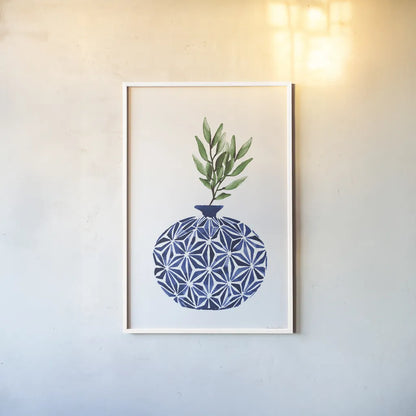 Cobalt Geometric Vases IV by Mercedes Lopez Charro. shown as a paper print in a white frame. Available as a archival giclee rolled canvas, fine art paper, or poster print. SKU 67375h.