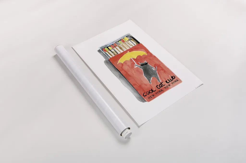 Cool Cat Club Matches I Red by Mercedes Lopez Charro. shown as a rolled paper print. Available as archival giclee rolled canvas, fine art paper, or poster print. SKU 86313h.