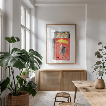 Cool Cat Club Matches I Red by Mercedes Lopez Charro. shown as a print in a natural wood frame in a dining room. Available as a archival giclee rolled canvas, fine art paper, or poster print. SKU 86313h.