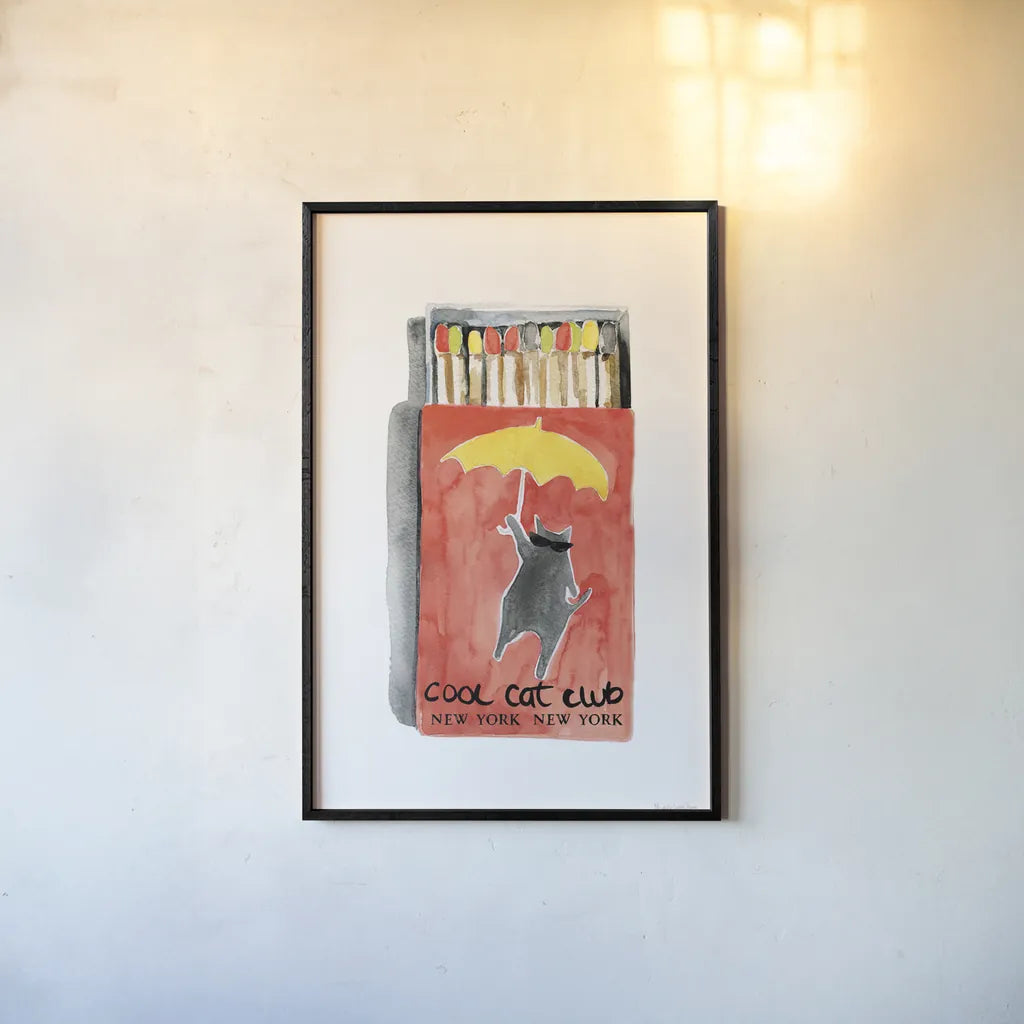 Cool Cat Club Matches I Red by Mercedes Lopez Charro. shown as a paper print in a black flame. Available as a archival giclee rolled canvas, fine art paper, or poster print. SKU 86313h.