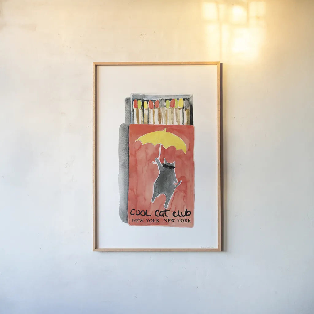 Cool Cat Club Matches I Red by Mercedes Lopez Charro. shown as a paper print in a natural frame. Available as a archival giclee rolled canvas, fine art paper, or poster print. SKU 86313h.
