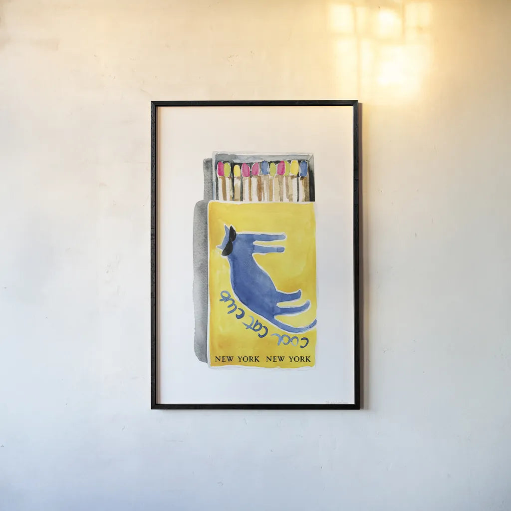 Cool Cat Club Matches II by Mercedes Lopez Charro. shown as a paper print in a black flame. Available as a archival giclee rolled canvas, fine art paper, or poster print. SKU 85531h.