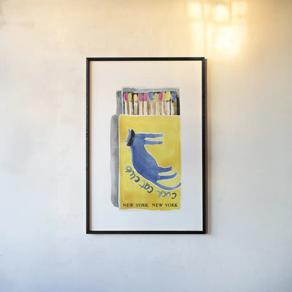 Cool Cat Club Matches II by Mercedes Lopez Charro. shown as a paper print in a black flame. Available as a archival giclee rolled canvas, fine art paper, or poster print. SKU 85531h.