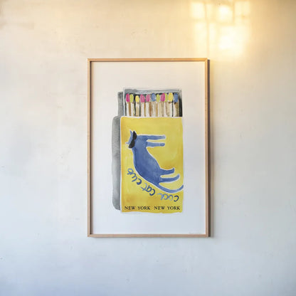 Cool Cat Club Matches II by Mercedes Lopez Charro. shown as a paper print in a natural frame. Available as a archival giclee rolled canvas, fine art paper, or poster print. SKU 85531h.