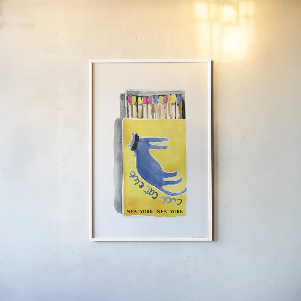 Cool Cat Club Matches II by Mercedes Lopez Charro. shown as a paper print in a white frame. Available as a archival giclee rolled canvas, fine art paper, or poster print. SKU 85531h.