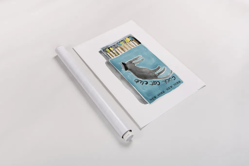 Cool Cat Club Matches II Teal by Mercedes Lopez Charro. shown as a rolled paper print. Available as archival giclee rolled canvas, fine art paper, or poster print. SKU 86314h.