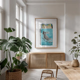 Cool Cat Club Matches II Teal by Mercedes Lopez Charro. shown as a print in a natural wood frame in a dining room. Available as a archival giclee rolled canvas, fine art paper, or poster print. SKU 86314h.