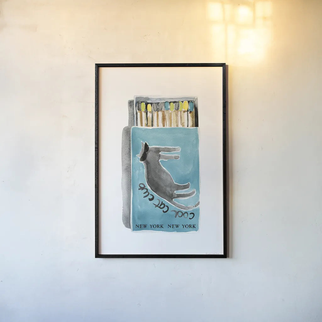 Cool Cat Club Matches II Teal by Mercedes Lopez Charro. shown as a paper print in a black flame. Available as a archival giclee rolled canvas, fine art paper, or poster print. SKU 86314h.