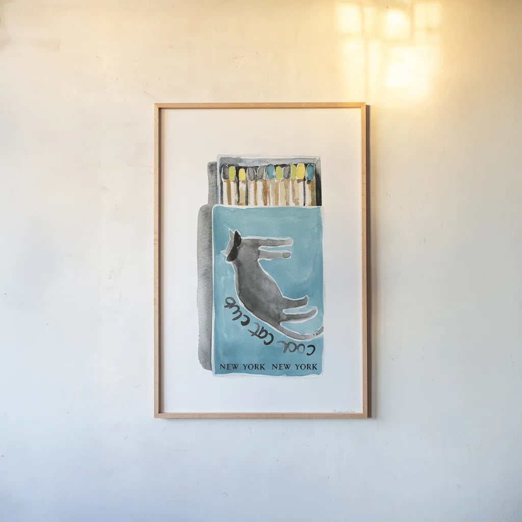 Cool Cat Club Matches II Teal by Mercedes Lopez Charro. shown as a paper print in a natural frame. Available as a archival giclee rolled canvas, fine art paper, or poster print. SKU 86314h.