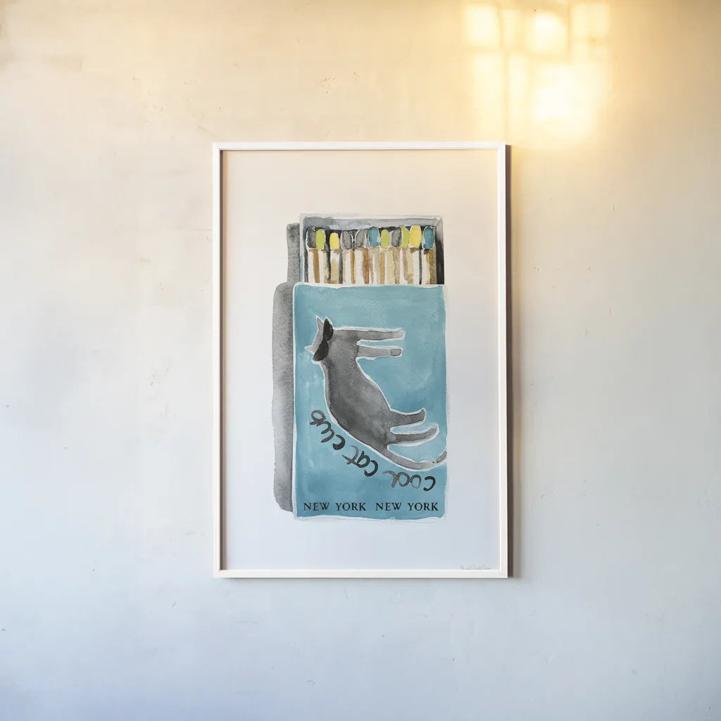 Cool Cat Club Matches II Teal by Mercedes Lopez Charro. shown as a paper print in a white frame. Available as a archival giclee rolled canvas, fine art paper, or poster print. SKU 86314h.