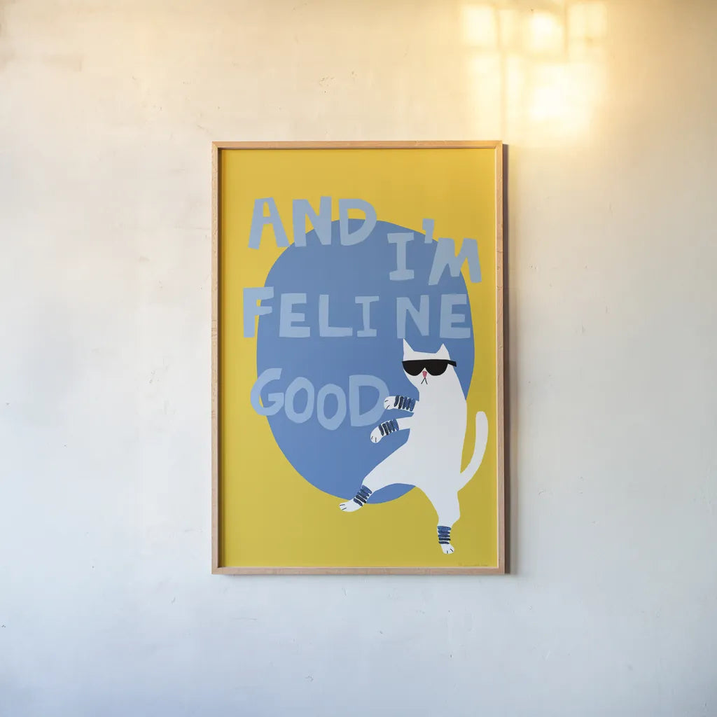 Cool Cat I by Mercedes Lopez Charro. shown as a paper print in a natural frame. Available as a archival giclee rolled canvas, fine art paper, or poster print. SKU 85526h.