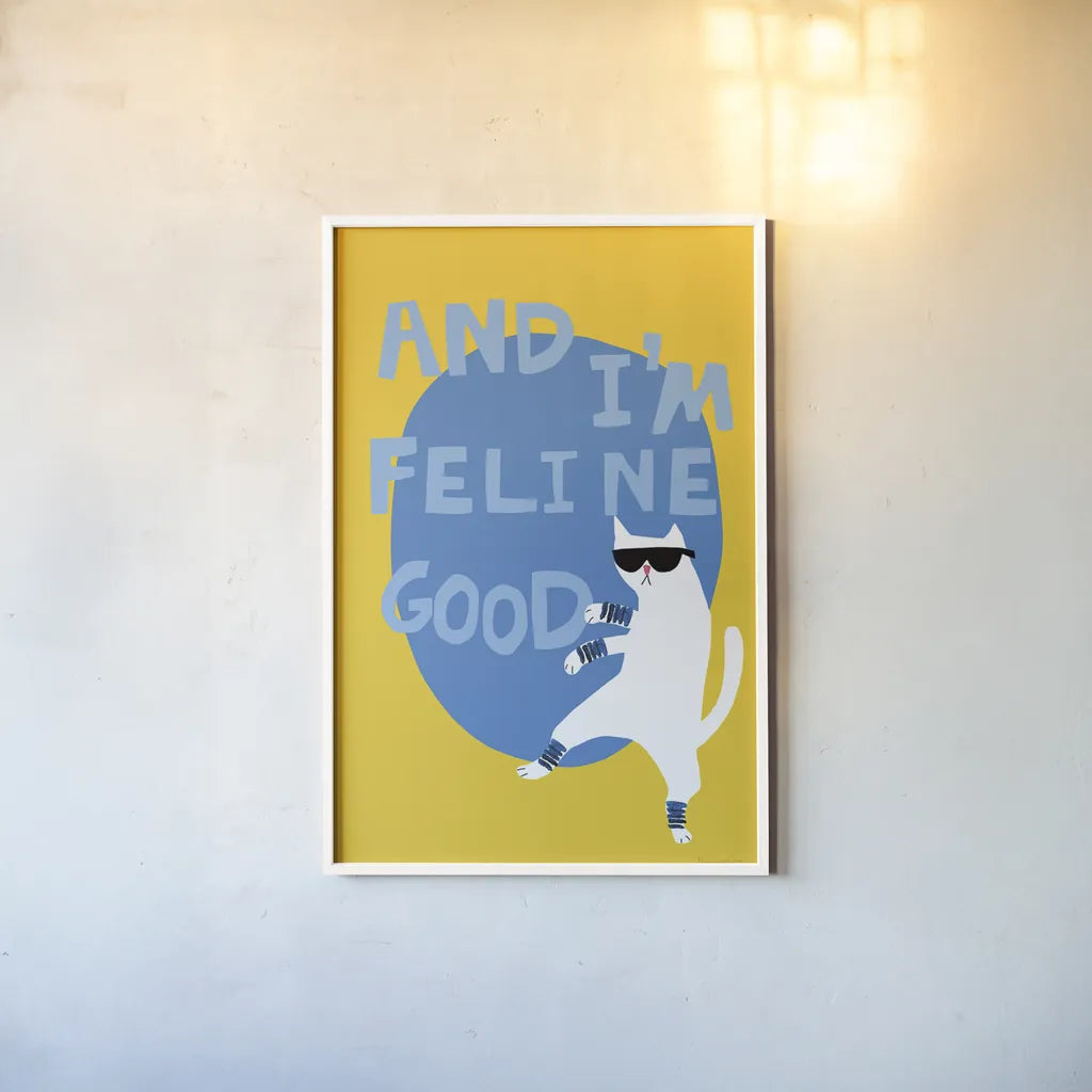 Cool Cat I by Mercedes Lopez Charro. shown as a paper print in a white frame. Available as a archival giclee rolled canvas, fine art paper, or poster print. SKU 85526h.