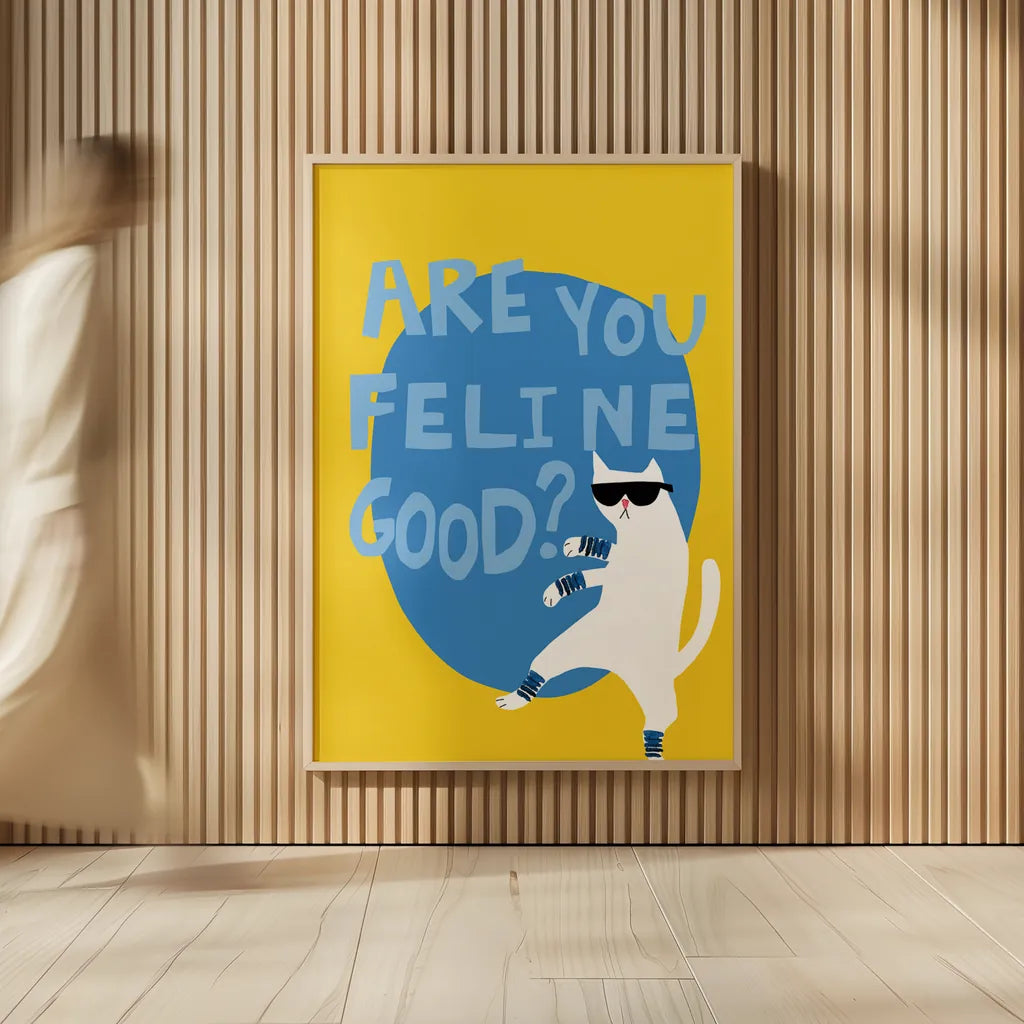 Cool Cat I Feline Good by Mercedes Lopez Charro. shown as over sized large wall art. Available as an archival giclee rolled canvas, fine art paper, or poster print. SKU 86933h.