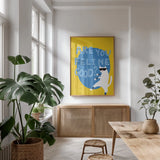 Cool Cat I Feline Good by Mercedes Lopez Charro. shown as a print in a natural wood frame in a dining room. Available as a archival giclee rolled canvas, fine art paper, or poster print. SKU 86933h.