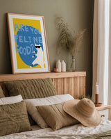 Cool Cat I Feline Good by Mercedes Lopez Charro. shown as a paper print in a natural frame. Available as a archival giclee rolled canvas, fine art paper, or poster print. SKU 86933h.