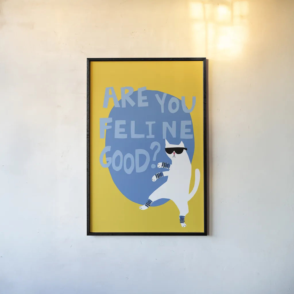 Cool Cat I Feline Good by Mercedes Lopez Charro. shown as a paper print in a black flame. Available as a archival giclee rolled canvas, fine art paper, or poster print. SKU 86933h.