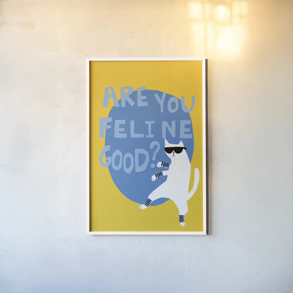 Cool Cat I Feline Good by Mercedes Lopez Charro. shown as a paper print in a white frame. Available as a archival giclee rolled canvas, fine art paper, or poster print. SKU 86933h.