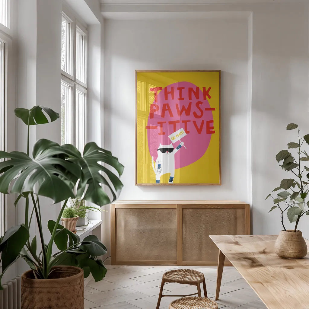 Cool Cat III by Mercedes Lopez Charro. shown as a print in a natural wood frame in a dining room. Available as a archival giclee rolled canvas, fine art paper, or poster print. SKU 85528h.