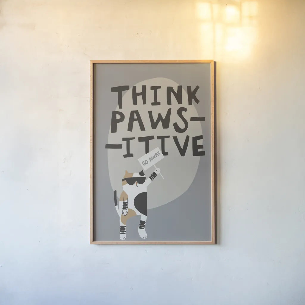 Cool Cat III Neutral by Mercedes Lopez Charro. shown as a paper print in a natural frame. Available as a archival giclee rolled canvas, fine art paper, or poster print. SKU 86312h.